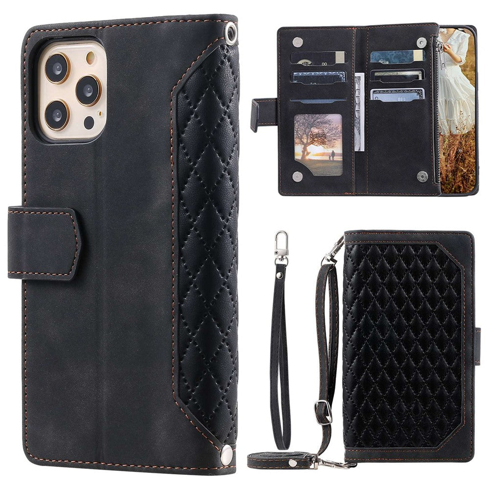 005 Style Anti-ridse Telefon Wallet Cover til iPhone 12 Pro Max 6,7 tommer, Fuld Beskyttelse Rhombus Tekstur Lynlåslomme PU Læder Mobiltelefon Cover Stativ med Rem