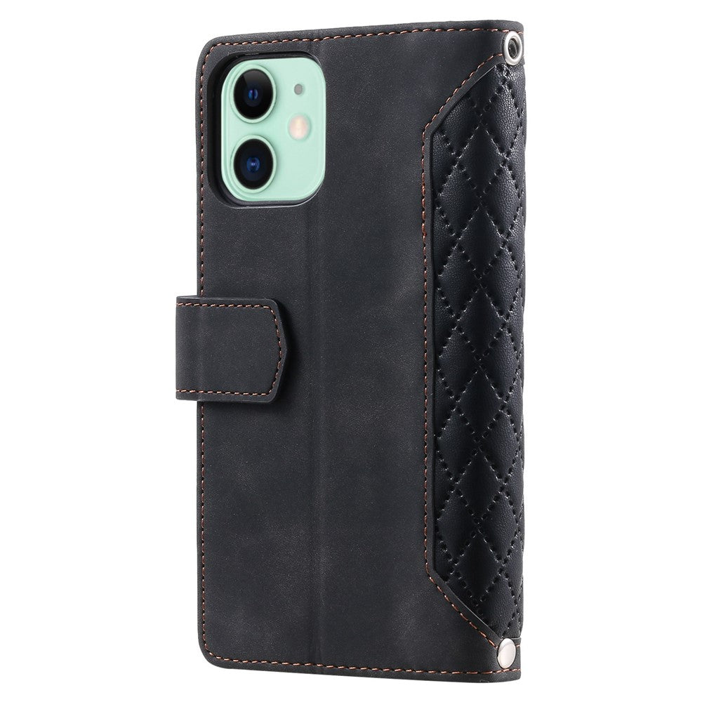 005 Style Phone Cover For iPhone 12 mini 5.4 inch, Wear-resistant Rhombus Texture PU Leather Flip Case Zipper Pocket Wallet Stand Card Holder with Strap
