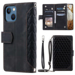 005 Stil Til iPhone 13 6.1 tommer, Stødsikkert Telefoncover med Lynlåslomme, Rombet Tekstur Flip Wallet Cover Stativ med Rem og Kortindehaver