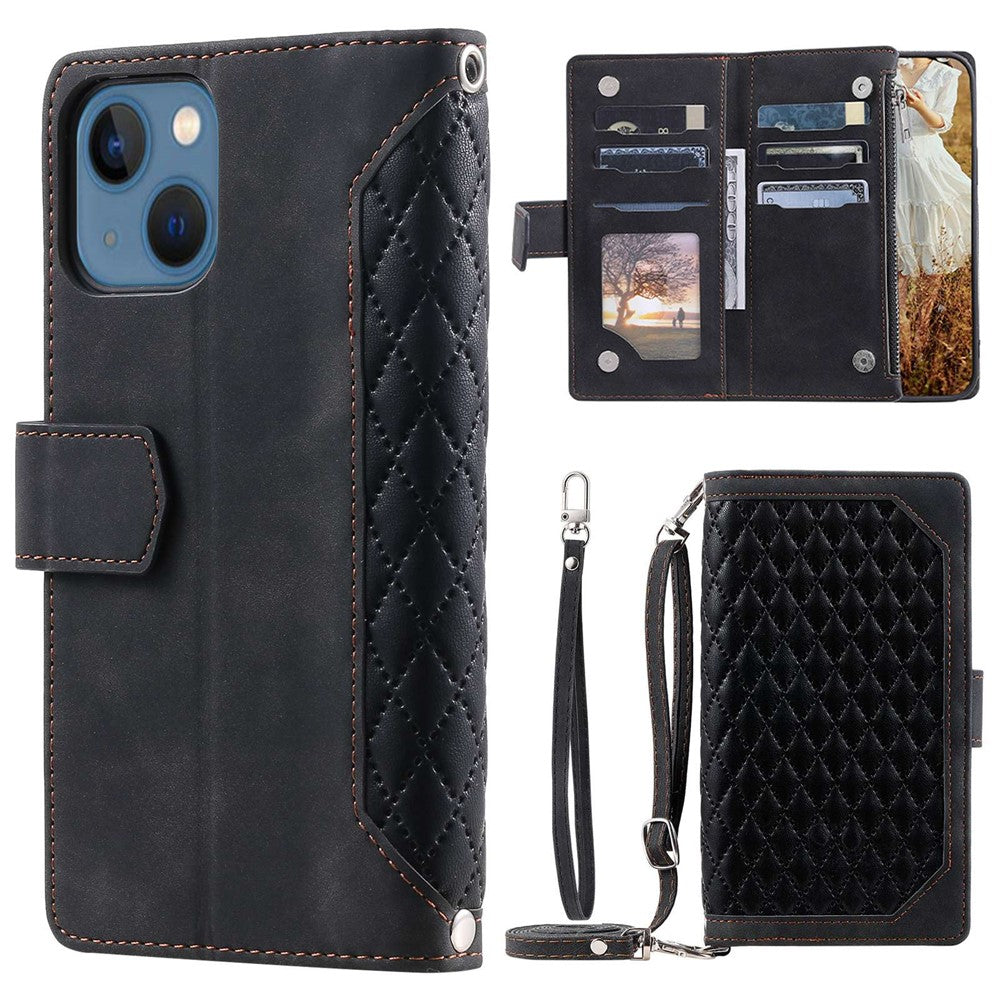 005 Stil Til iPhone 13 6.1 tommer, Stødsikkert Telefoncover med Lynlåslomme, Rombet Tekstur Flip Wallet Cover Stativ med Rem og Kortindehaver