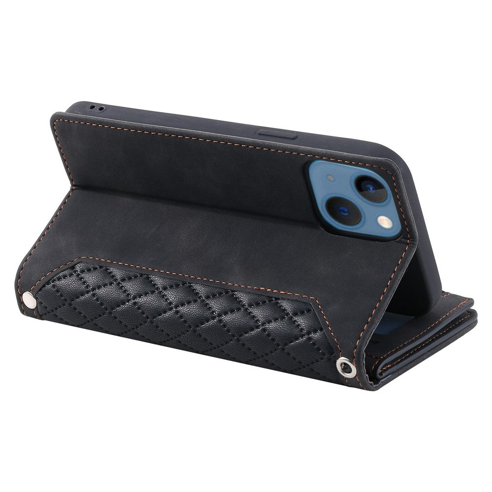 005 Stil Til iPhone 13 6.1 tommer, Stødsikkert Telefoncover med Lynlåslomme, Rombet Tekstur Flip Wallet Cover Stativ med Rem og Kortindehaver