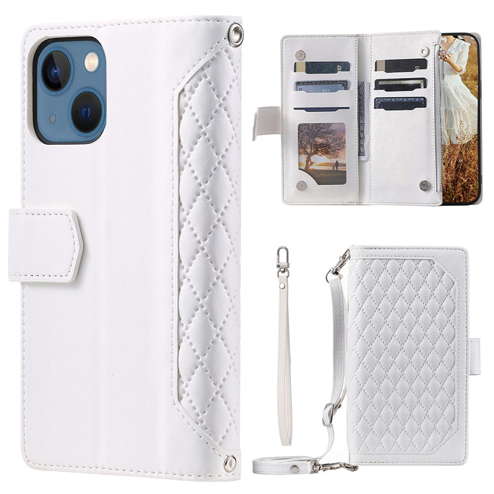 005 Stil Til iPhone 13 6.1 tommer, Stødsikkert Telefoncover med Lynlåslomme, Rombet Tekstur Flip Wallet Cover Stativ med Rem og Kortindehaver