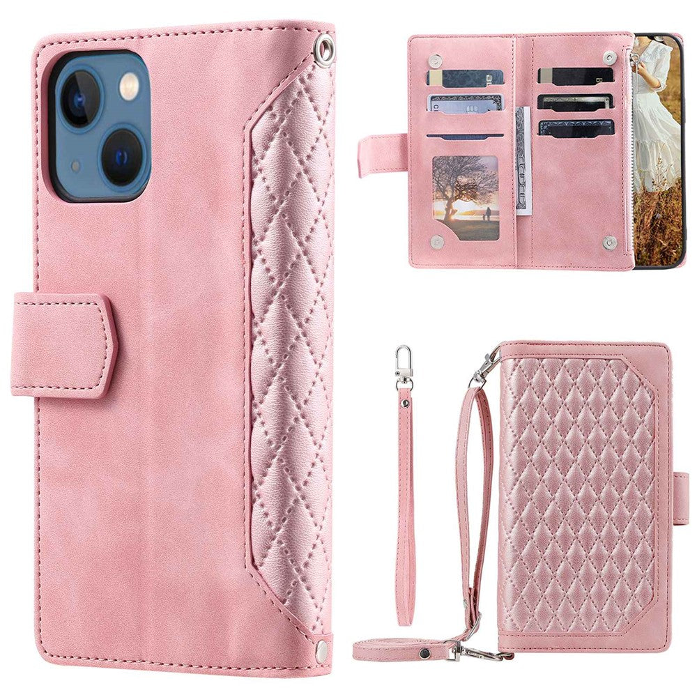005 Stil Til iPhone 13 6.1 tommer, Stødsikkert Telefoncover med Lynlåslomme, Rombet Tekstur Flip Wallet Cover Stativ med Rem og Kortindehaver