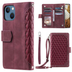 005 Stil Til iPhone 13 6.1 tommer, Stødsikkert Telefoncover med Lynlåslomme, Rombet Tekstur Flip Wallet Cover Stativ med Rem og Kortindehaver