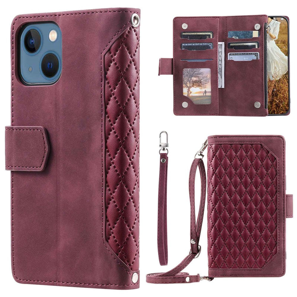 005 Stil Til iPhone 13 6.1 tommer, Stødsikkert Telefoncover med Lynlåslomme, Rombet Tekstur Flip Wallet Cover Stativ med Rem og Kortindehaver