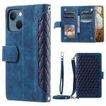 005 Stil Til iPhone 13 6.1 tommer, Stødsikkert Telefoncover med Lynlåslomme, Rombet Tekstur Flip Wallet Cover Stativ med Rem og Kortindehaver
