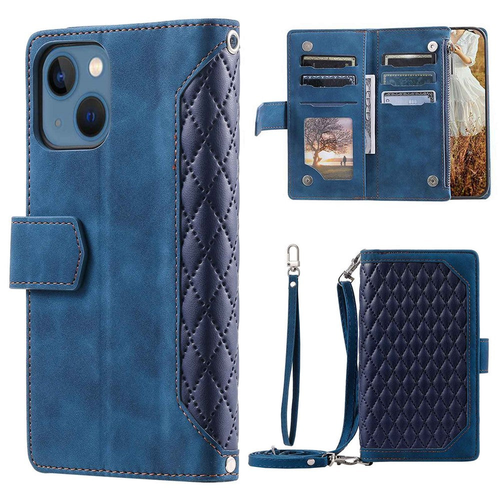 005 Stil Til iPhone 13 6.1 tommer, Stødsikkert Telefoncover med Lynlåslomme, Rombet Tekstur Flip Wallet Cover Stativ med Rem og Kortindehaver
