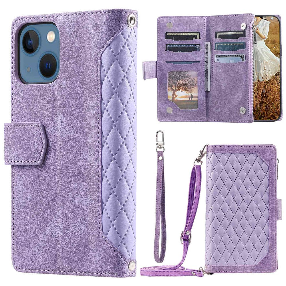 005 Stil Til iPhone 13 6.1 tommer, Stødsikkert Telefoncover med Lynlåslomme, Rombet Tekstur Flip Wallet Cover Stativ med Rem og Kortindehaver