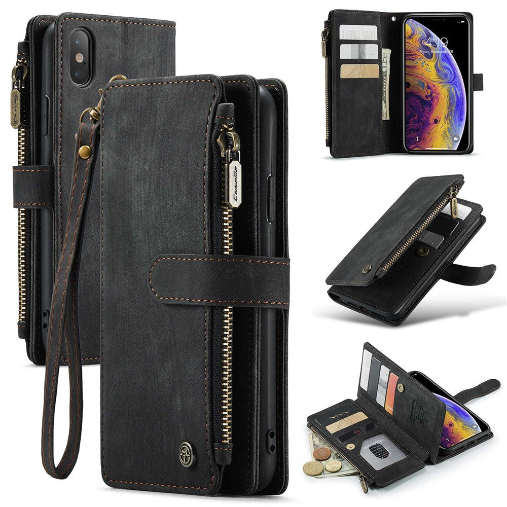 For iPhone XS Max Phone Cases with Strap CASEME C30 Zipper Multiple Card Holder PU Leather Cover