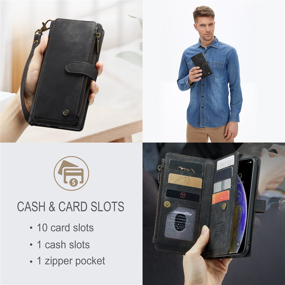For iPhone XS Max Phone Cases with Strap CASEME C30 Zipper Multiple Card Holder PU Leather Cover