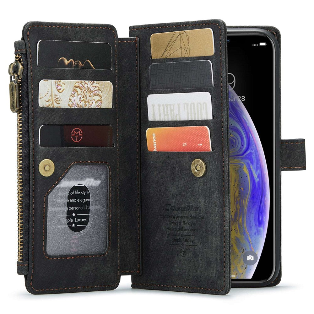 For iPhone XS Max Phone Cases with Strap CASEME C30 Zipper Multiple Card Holder PU Leather Cover