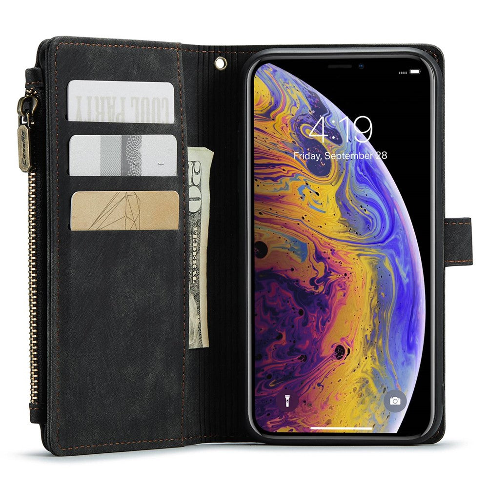 For iPhone XS Max Phone Cases with Strap CASEME C30 Zipper Multiple Card Holder PU Leather Cover