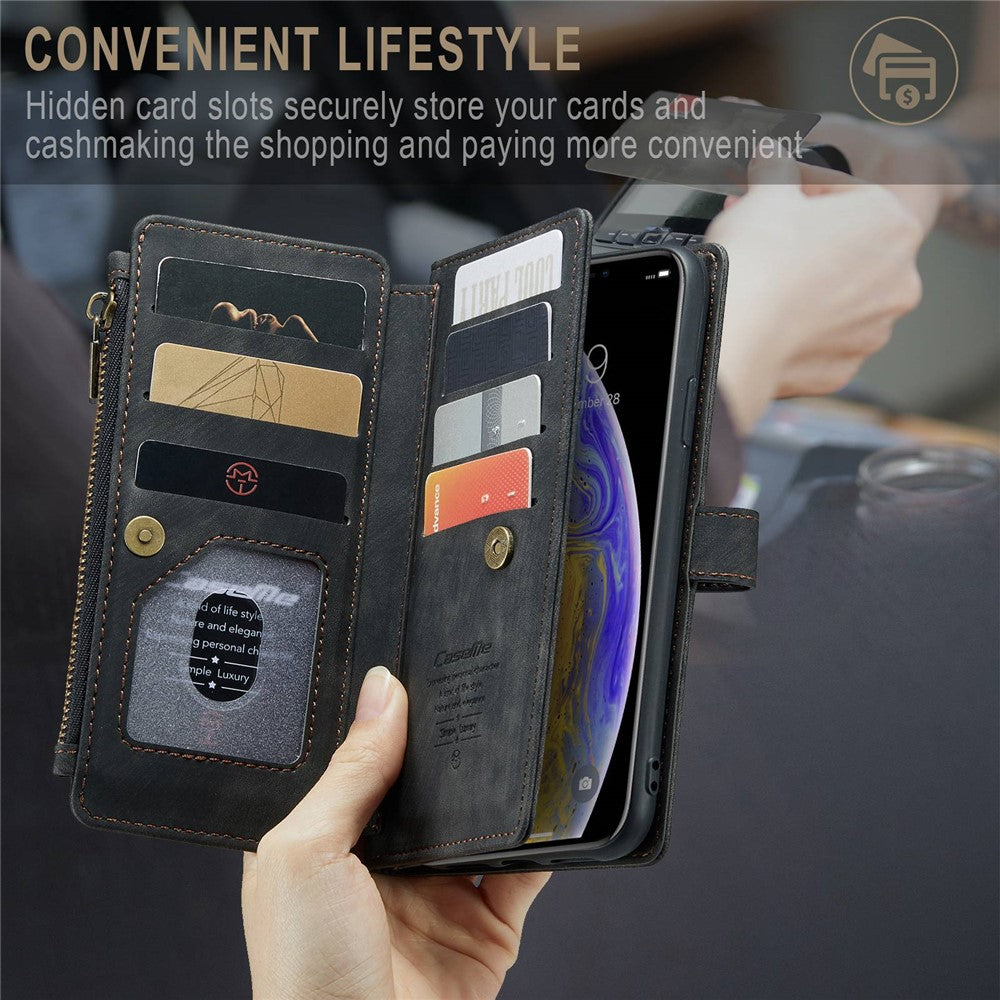 For iPhone XS Max Phone Cases with Strap CASEME C30 Zipper Multiple Card Holder PU Leather Cover