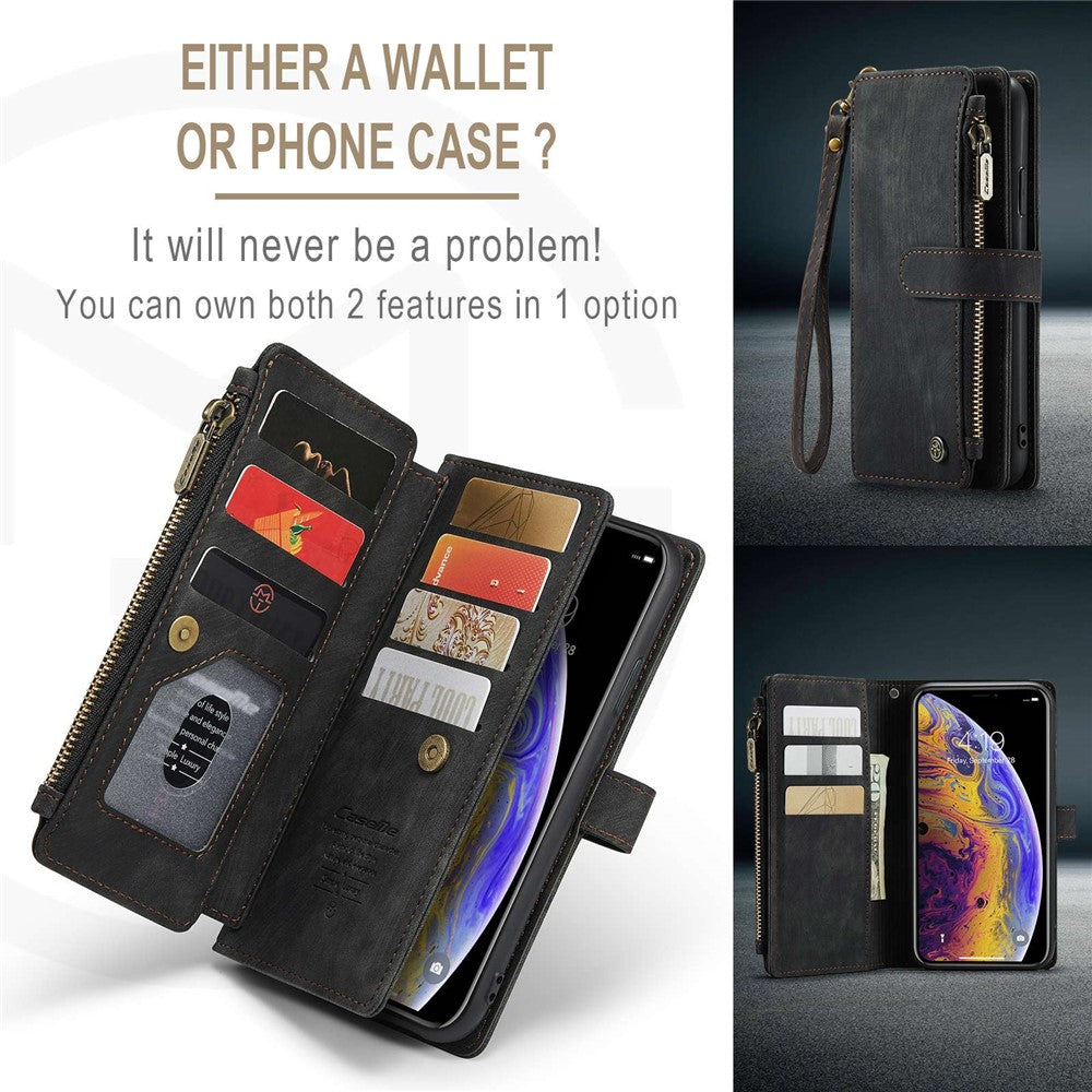 For iPhone XS Max Phone Cases with Strap CASEME C30 Zipper Multiple Card Holder PU Leather Cover