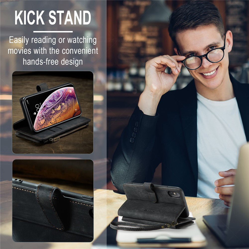 For iPhone XS Max Phone Cases with Strap CASEME C30 Zipper Multiple Card Holder PU Leather Cover