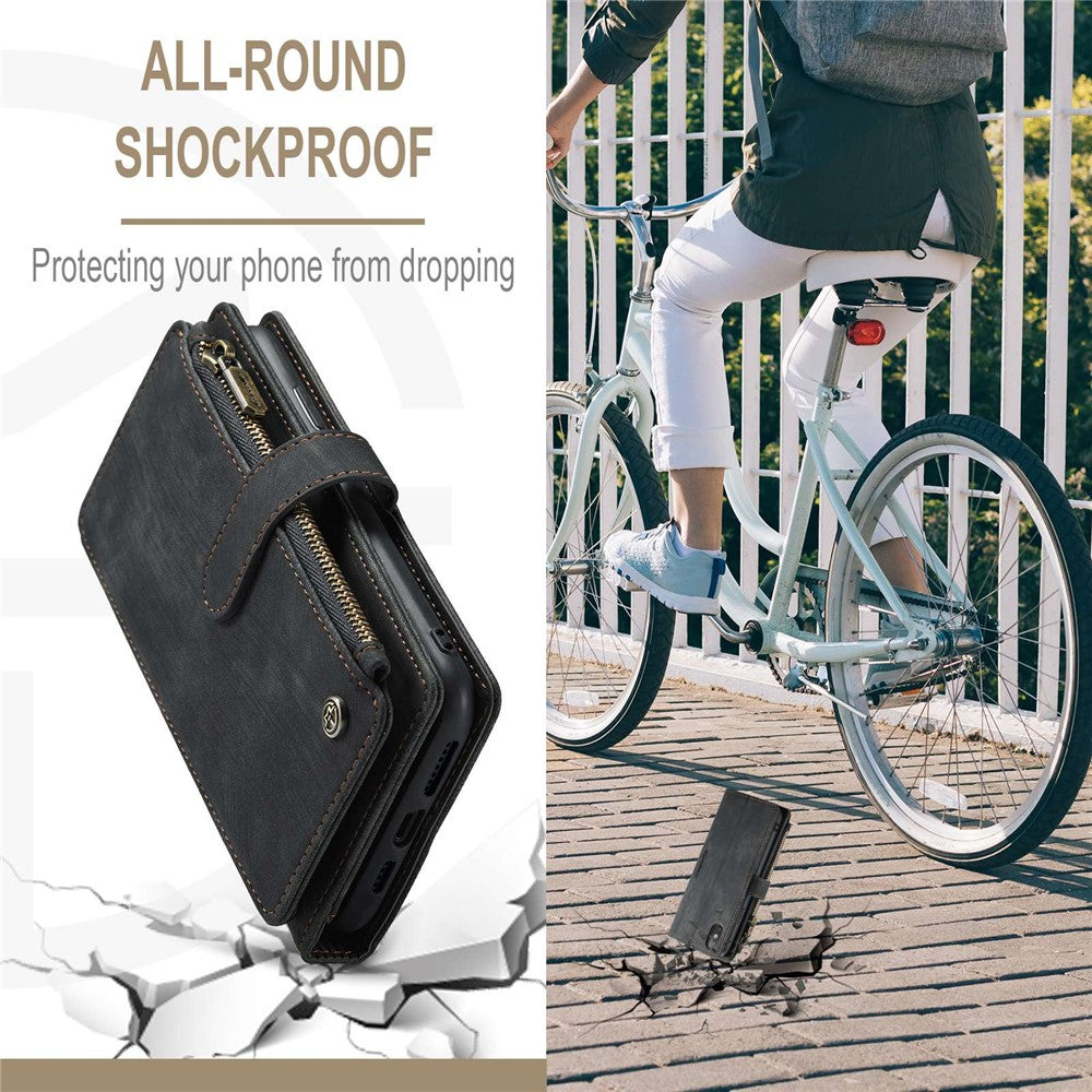 For iPhone XS Max Phone Cases with Strap CASEME C30 Zipper Multiple Card Holder PU Leather Cover