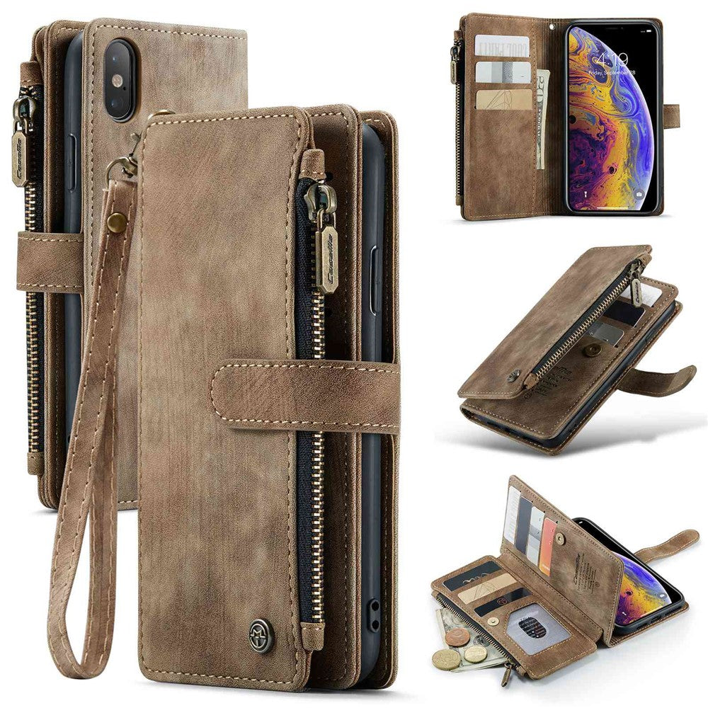 For iPhone XS Max Phone Cases with Strap CASEME C30 Zipper Multiple Card Holder PU Leather Cover