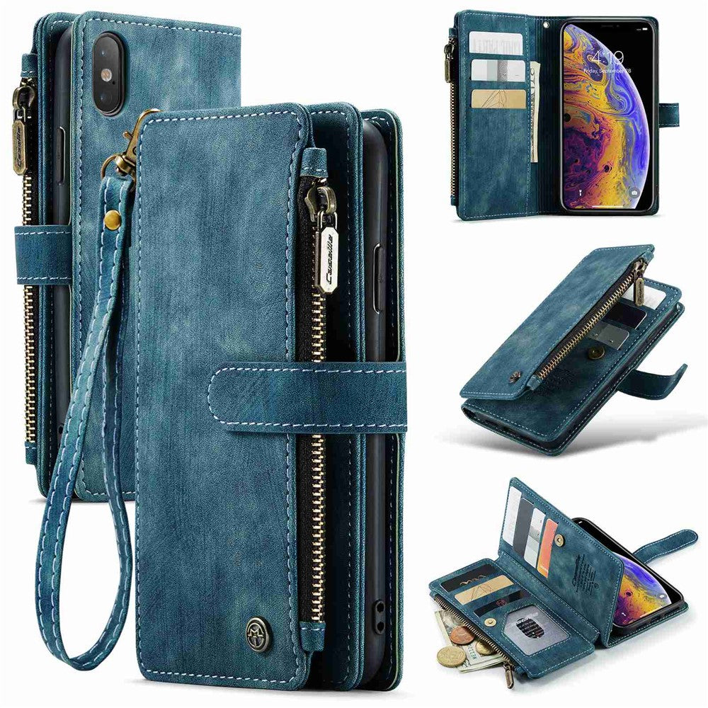 For iPhone XS Max Phone Cases with Strap CASEME C30 Zipper Multiple Card Holder PU Leather Cover