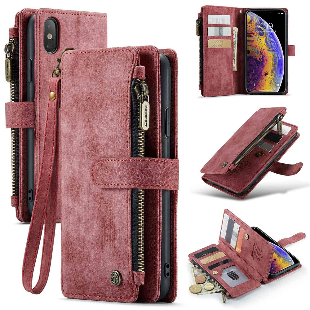 For iPhone XS Max Phone Cases with Strap CASEME C30 Zipper Multiple Card Holder PU Leather Cover