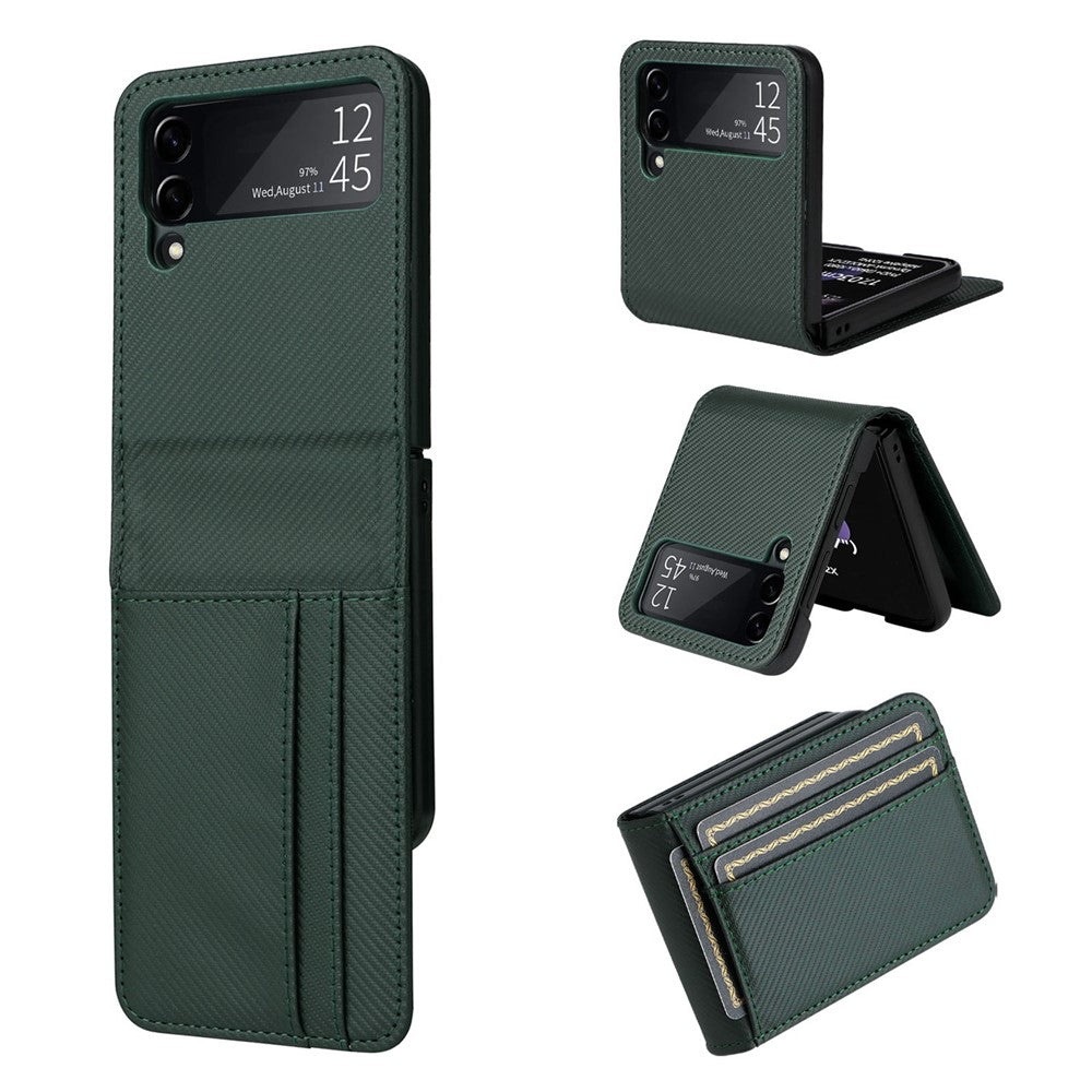 Til Samsung Galaxy Z Flip3 5G PU-læder telefoncover kulfibertekstur kortholder anti-fald foldbart coverbeskytter
