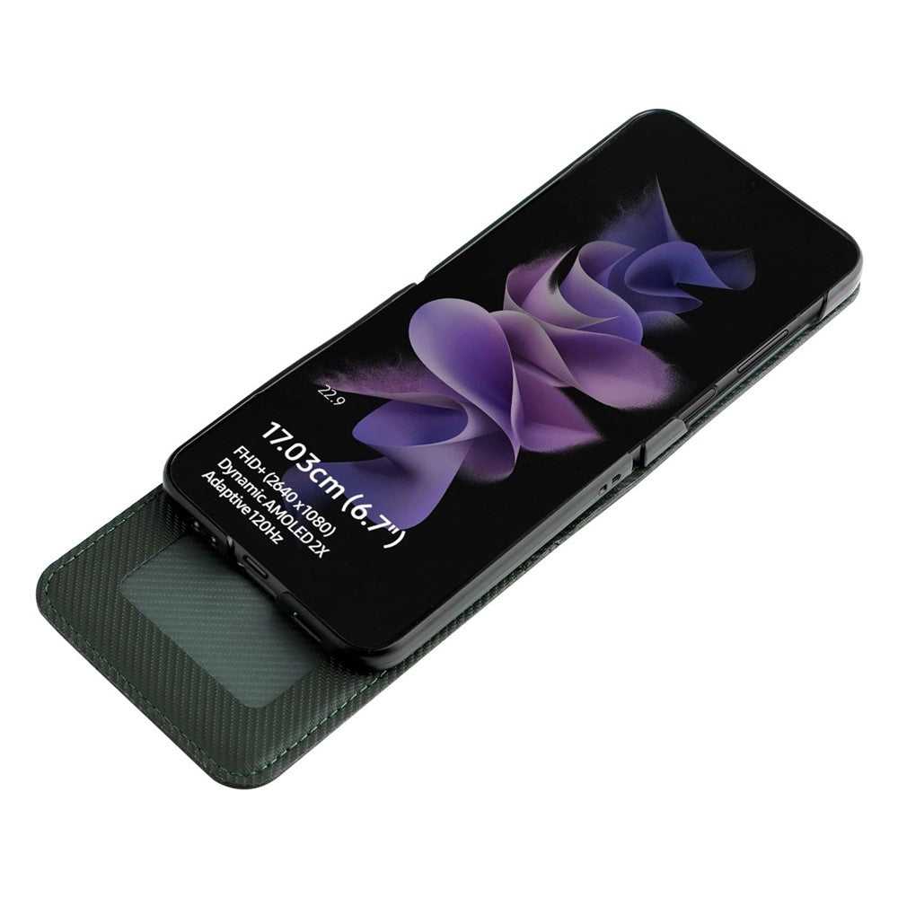Til Samsung Galaxy Z Flip3 5G PU-læder telefoncover kulfibertekstur kortholder anti-fald foldbart coverbeskytter