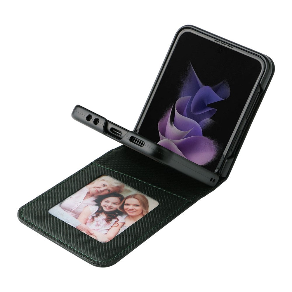 Til Samsung Galaxy Z Flip3 5G PU-læder telefoncover kulfibertekstur kortholder anti-fald foldbart coverbeskytter