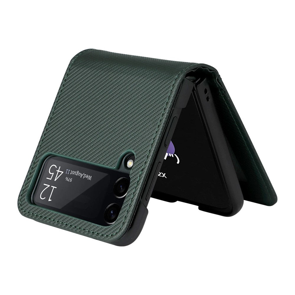 Til Samsung Galaxy Z Flip3 5G PU-læder telefoncover kulfibertekstur kortholder anti-fald foldbart coverbeskytter