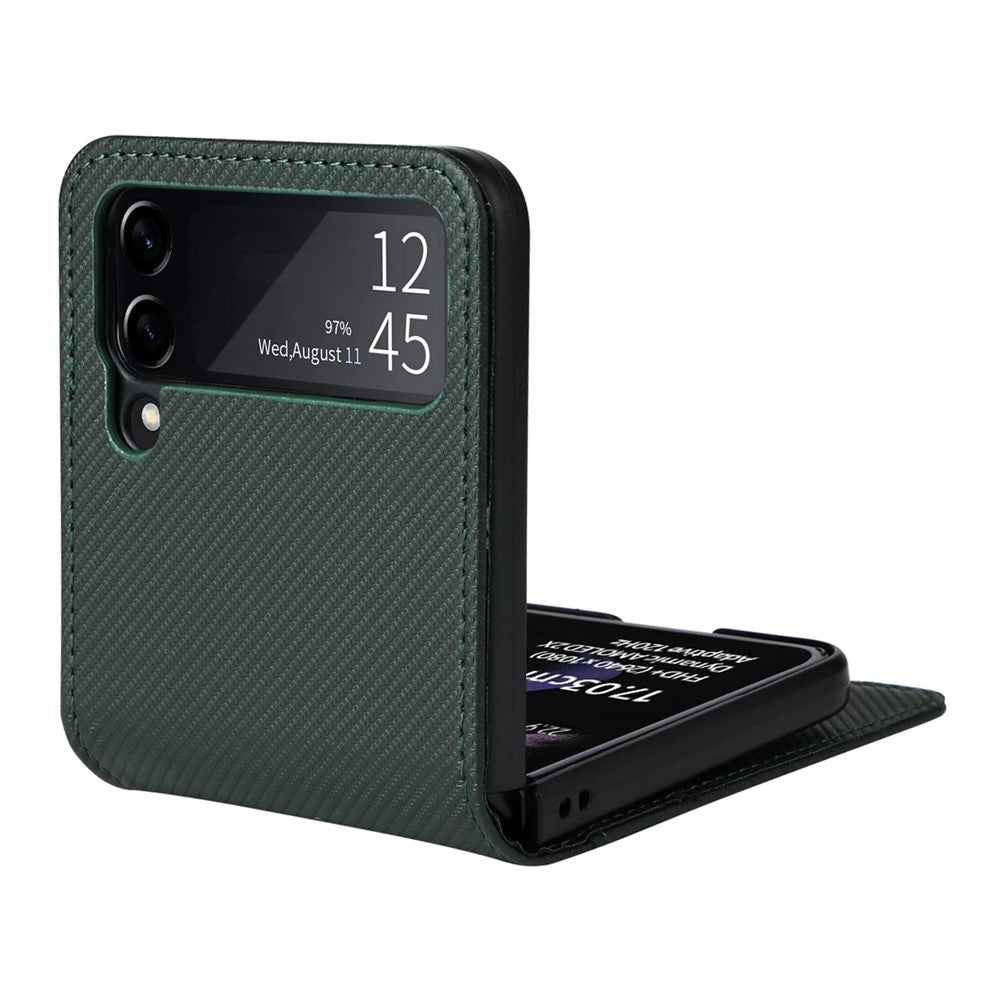 Til Samsung Galaxy Z Flip3 5G PU-læder telefoncover kulfibertekstur kortholder anti-fald foldbart coverbeskytter