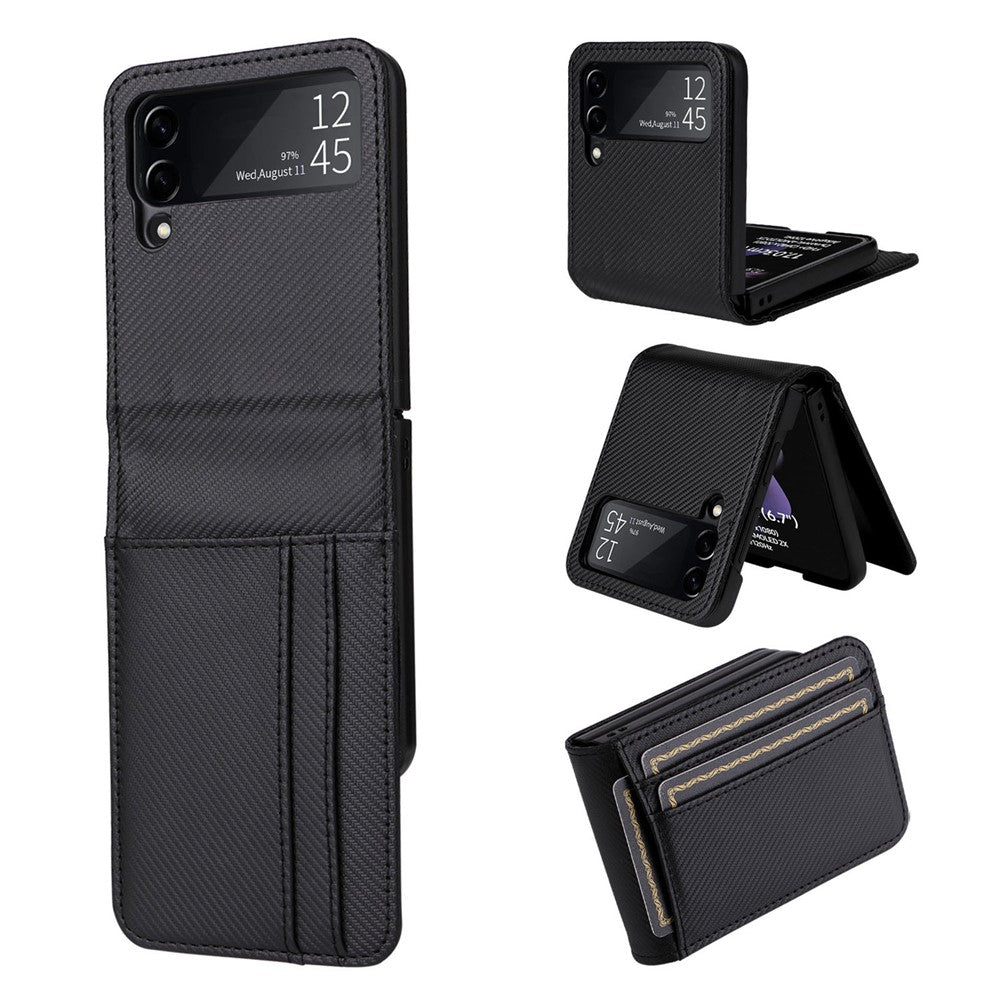 Til Samsung Galaxy Z Flip3 5G PU-læder telefoncover kulfibertekstur kortholder anti-fald foldbart coverbeskytter