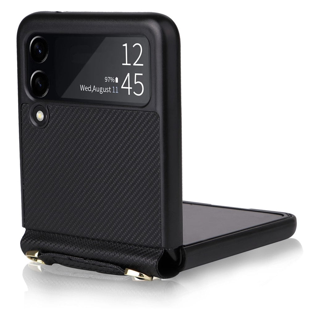 Samsung Galaxy Z Flip4 5G, kolfiberstruktur, ett stycke mobilskal, PU-läder + vikbart PC-skyddsfodral med långt snodd