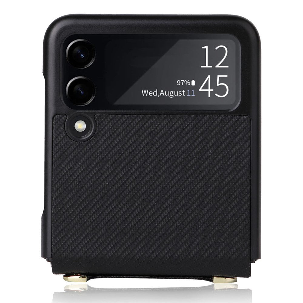 Samsung Galaxy Z Flip4 5G, kolfiberstruktur, ett stycke mobilskal, PU-läder + vikbart PC-skyddsfodral med långt snodd