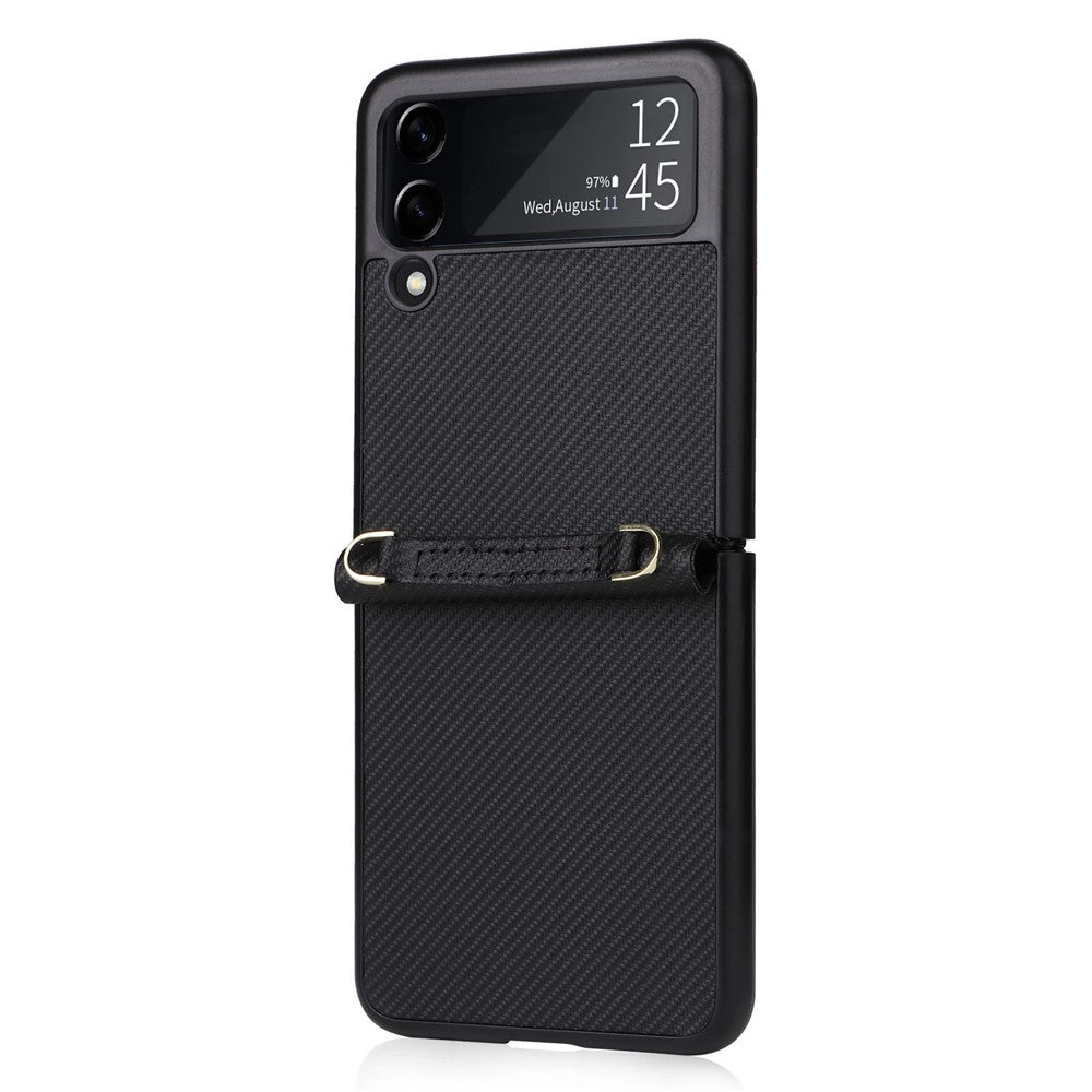 Samsung Galaxy Z Flip4 5G, kolfiberstruktur, ett stycke mobilskal, PU-läder + vikbart PC-skyddsfodral med långt snodd