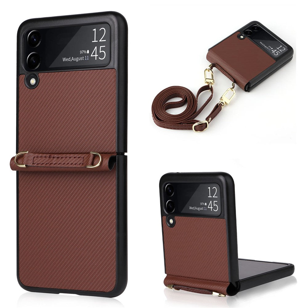 Samsung Galaxy Z Flip4 5G, kolfiberstruktur, ett stycke mobilskal, PU-läder + vikbart PC-skyddsfodral med långt snodd