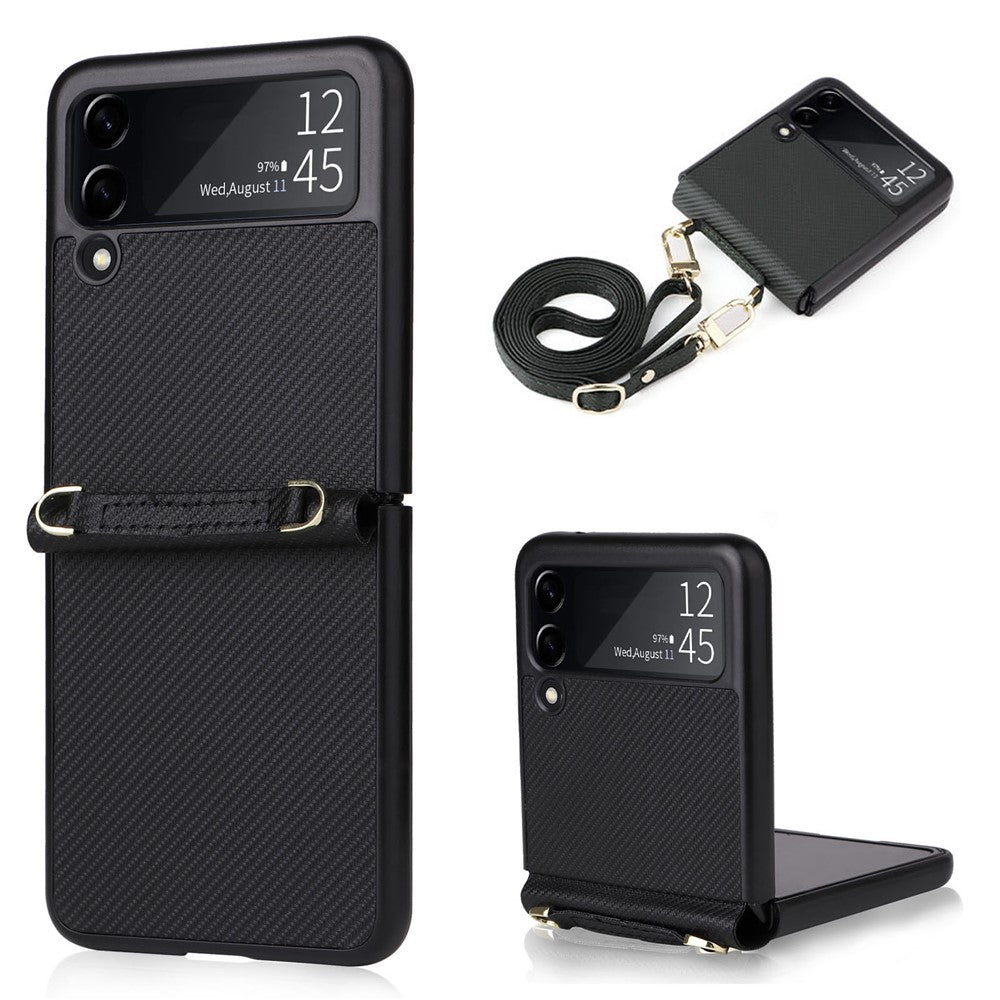 Samsung Galaxy Z Flip4 5G, kolfiberstruktur, ett stycke mobilskal, PU-läder + vikbart PC-skyddsfodral med långt snodd