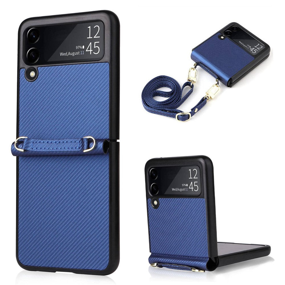Samsung Galaxy Z Flip4 5G, kolfiberstruktur, ett stycke mobilskal, PU-läder + vikbart PC-skyddsfodral med långt snodd