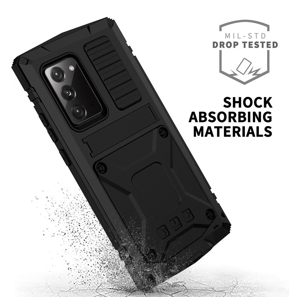 R-JUST For Samsung Galaxy Note20 4G / 5G Dust-proof Phone Case Metal + Silicone + PC Kickstand Anti-fall Anti-wear Cover with Tempered Glass Film