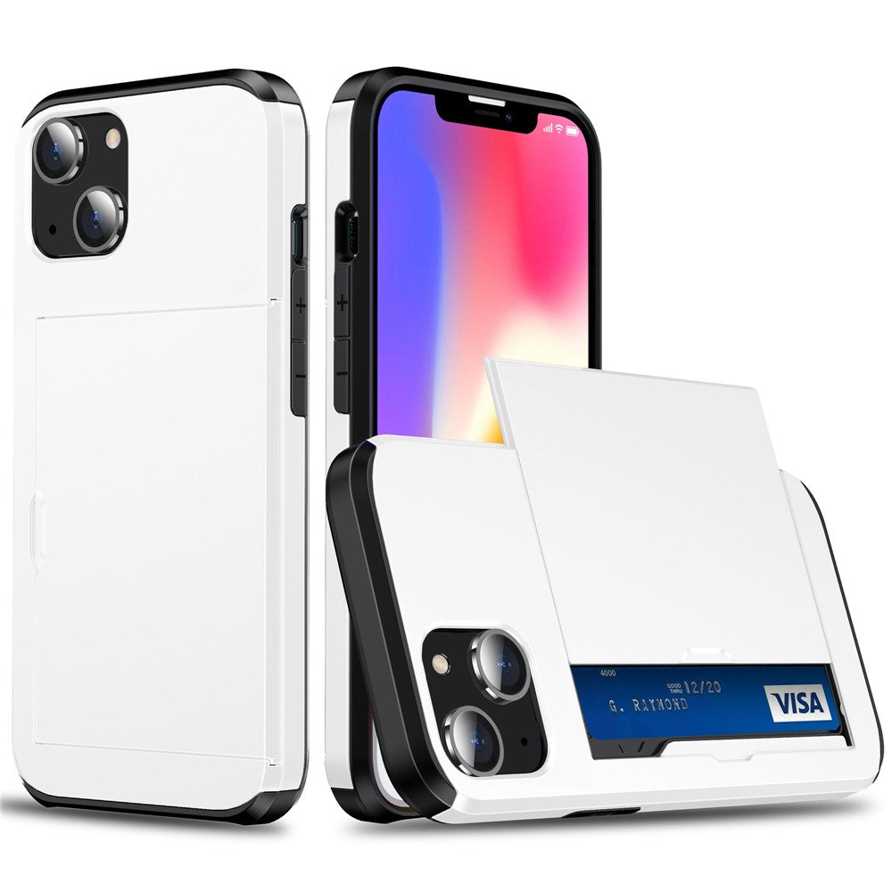 Kortholdertelefoncover med skydemekanisme til iPhone 14 6,1 tommer, faldsikker beskyttelse TPU + PC Hybridcover