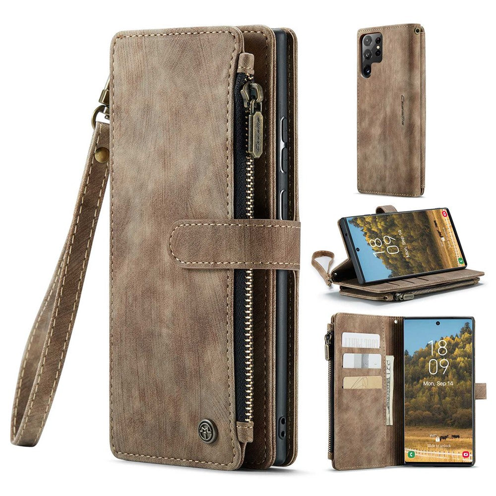 For Samsung Galaxy S22 Ultra 5G Phone Cases with Strap CASEME C30 Zipper Multiple Card Holder PU Leather Cover
