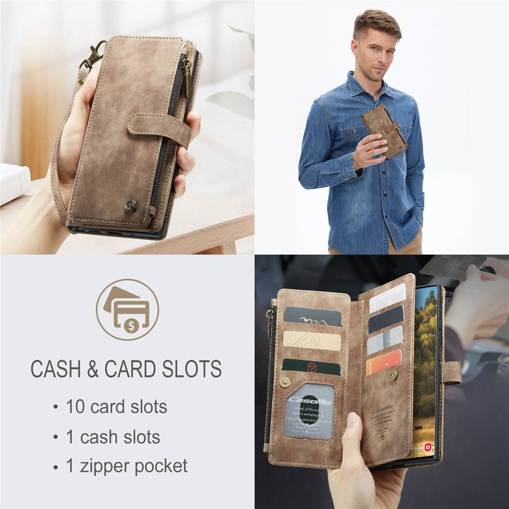 For Samsung Galaxy S22 Ultra 5G Phone Cases with Strap CASEME C30 Zipper Multiple Card Holder PU Leather Cover