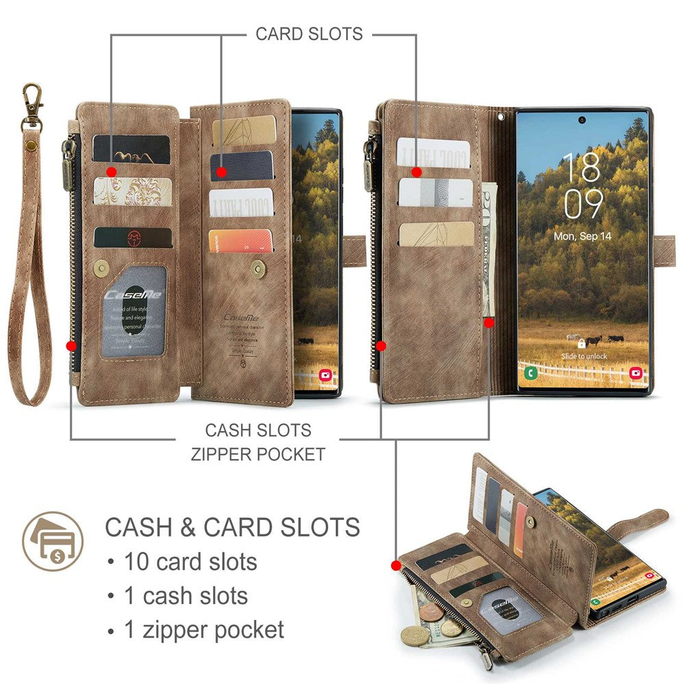 For Samsung Galaxy S22 Ultra 5G Phone Cases with Strap CASEME C30 Zipper Multiple Card Holder PU Leather Cover
