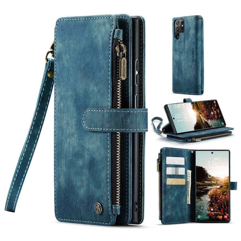 For Samsung Galaxy S22 Ultra 5G Phone Cases with Strap CASEME C30 Zipper Multiple Card Holder PU Leather Cover