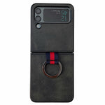 For Samsung Galaxy Z Flip4 5G Textured PU Leather Coated PC Back Cover Metal Ring Holder Folding Phone Case