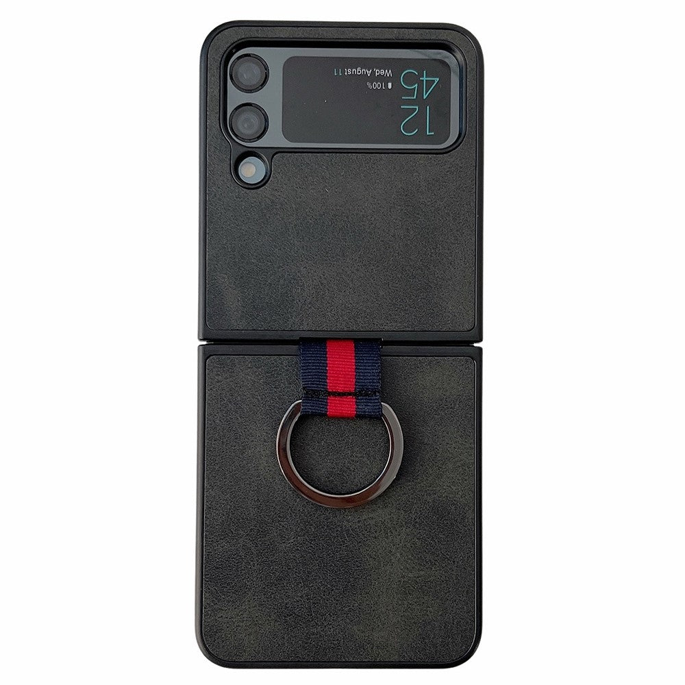 For Samsung Galaxy Z Flip4 5G Textured PU Leather Coated PC Back Cover Metal Ring Holder Folding Phone Case
