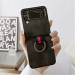 For Samsung Galaxy Z Flip4 5G Textured PU Leather Coated PC Back Cover Metal Ring Holder Folding Phone Case