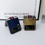 For Samsung Galaxy Z Flip4 5G Textured PU Leather Coated PC Back Cover Metal Ring Holder Folding Phone Case