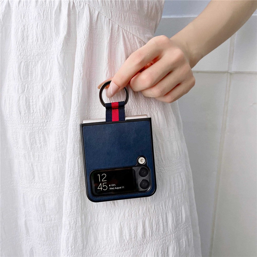 For Samsung Galaxy Z Flip4 5G Textured PU Leather Coated PC Back Cover Metal Ring Holder Folding Phone Case