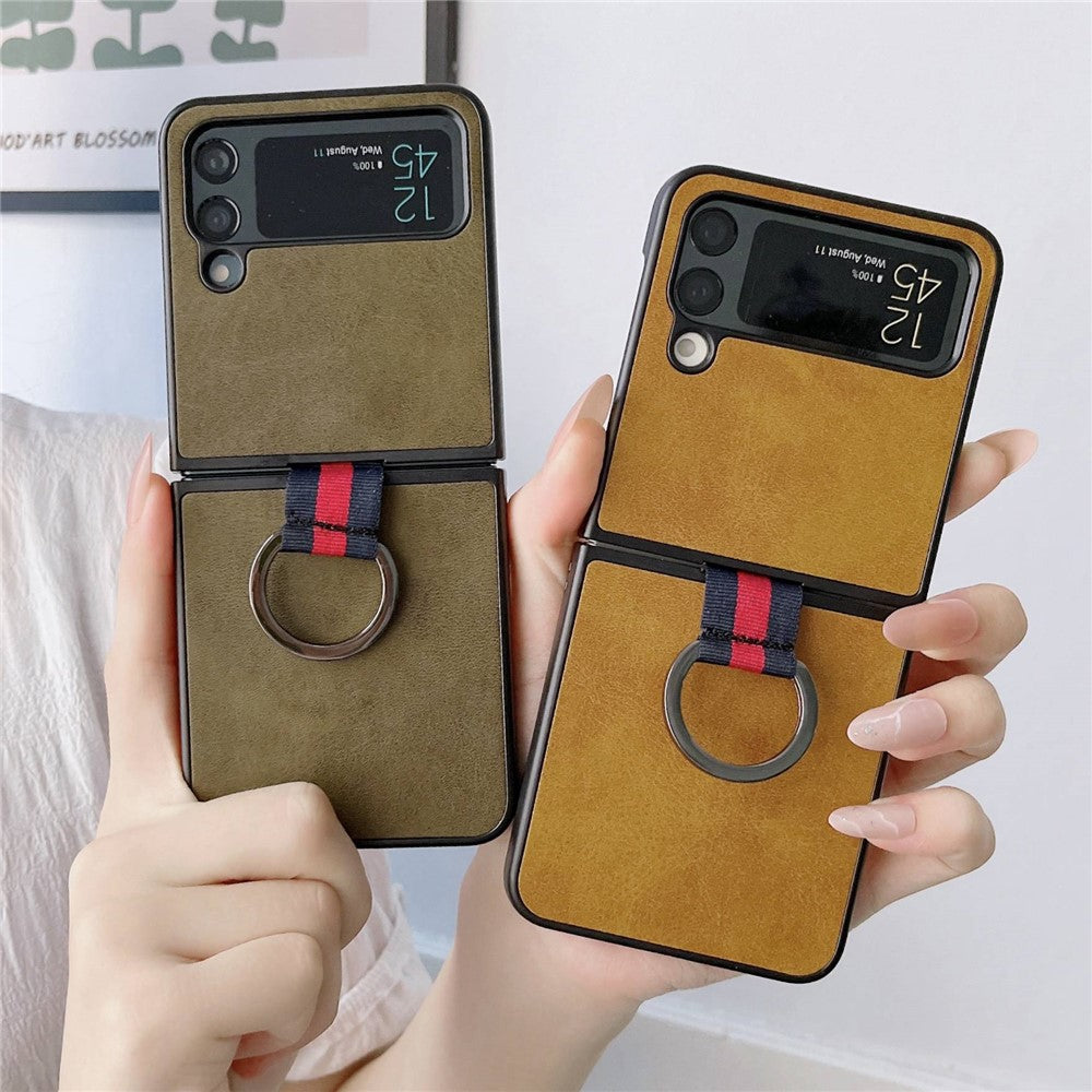 For Samsung Galaxy Z Flip4 5G Textured PU Leather Coated PC Back Cover Metal Ring Holder Folding Phone Case