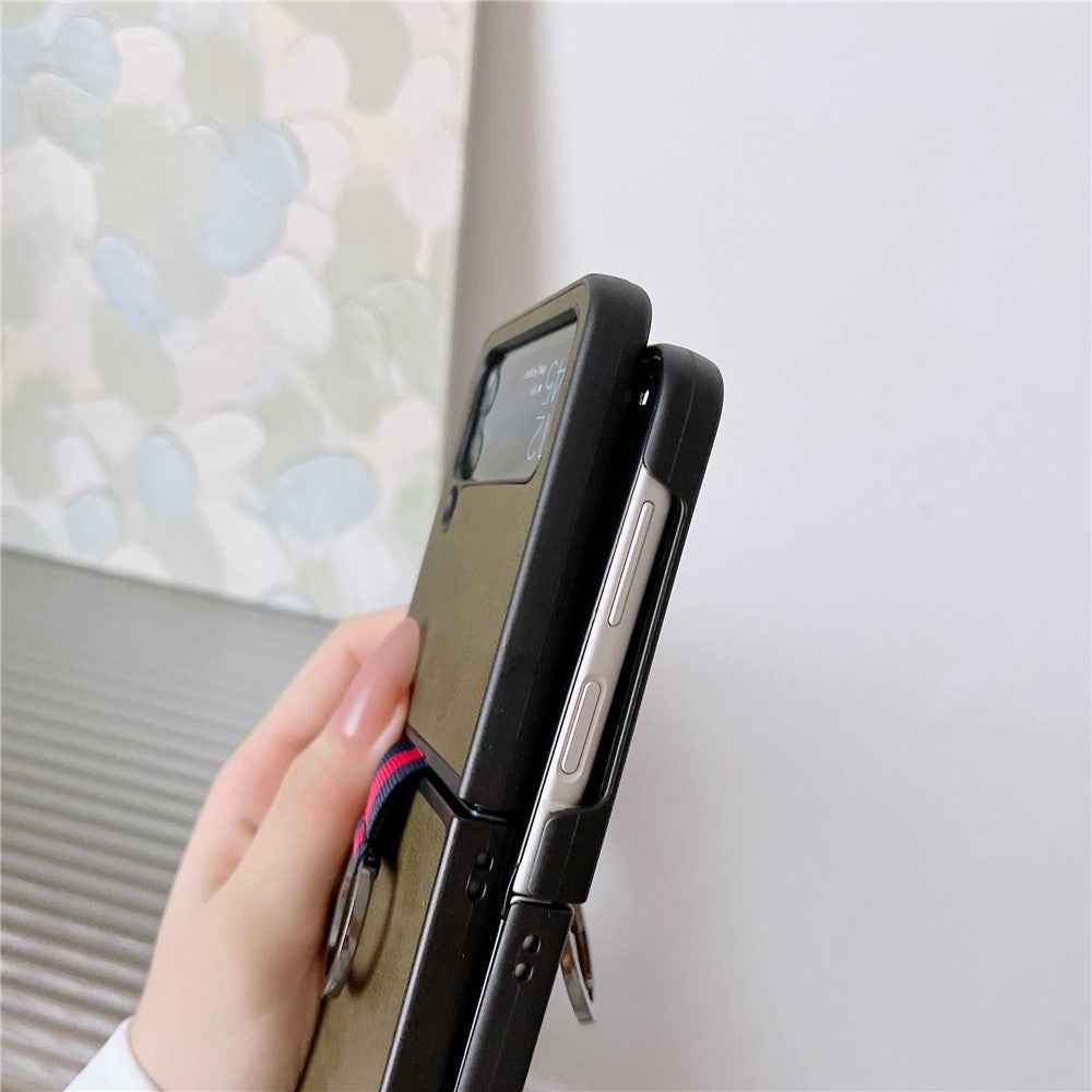 For Samsung Galaxy Z Flip4 5G Textured PU Leather Coated PC Back Cover Metal Ring Holder Folding Phone Case
