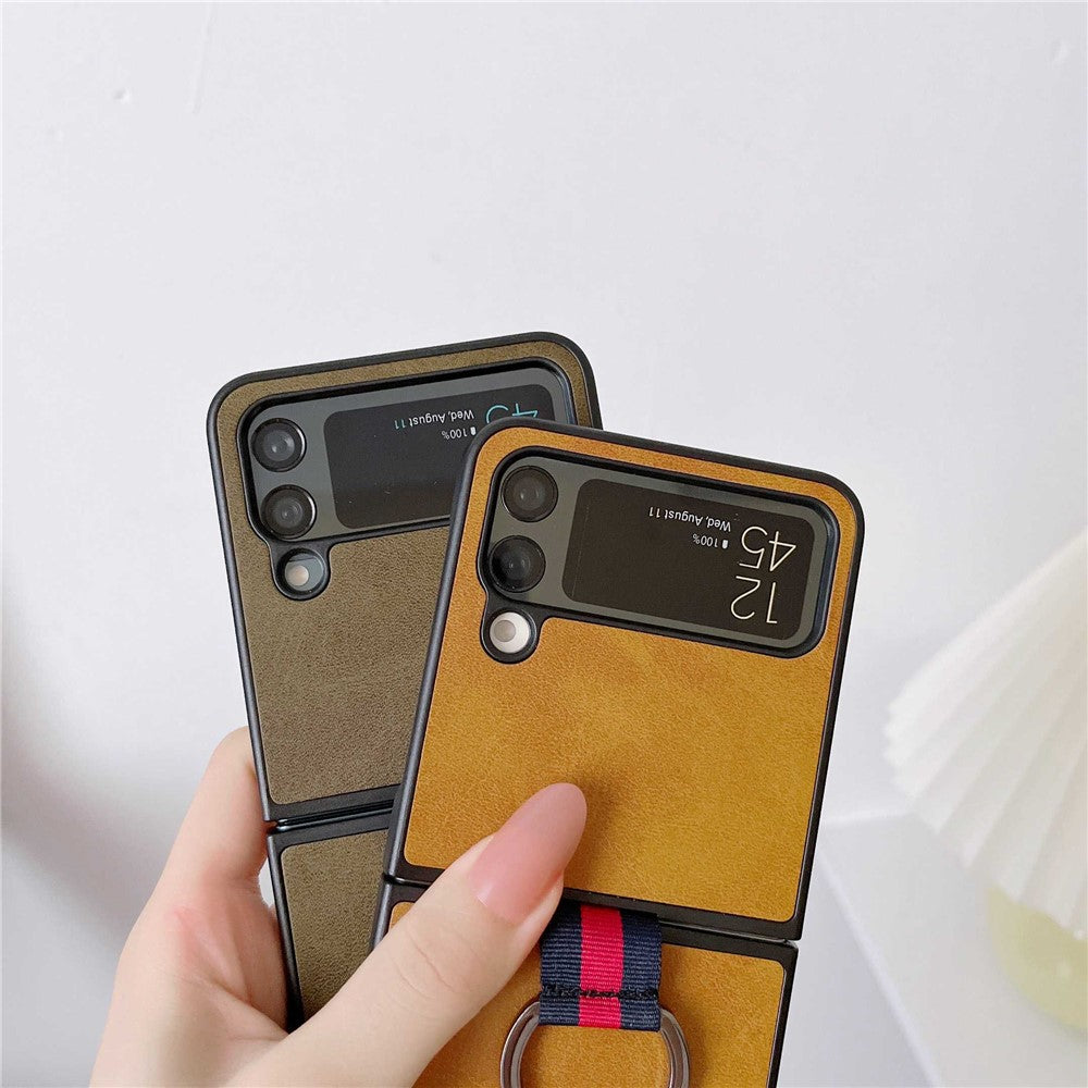 For Samsung Galaxy Z Flip4 5G Textured PU Leather Coated PC Back Cover Metal Ring Holder Folding Phone Case