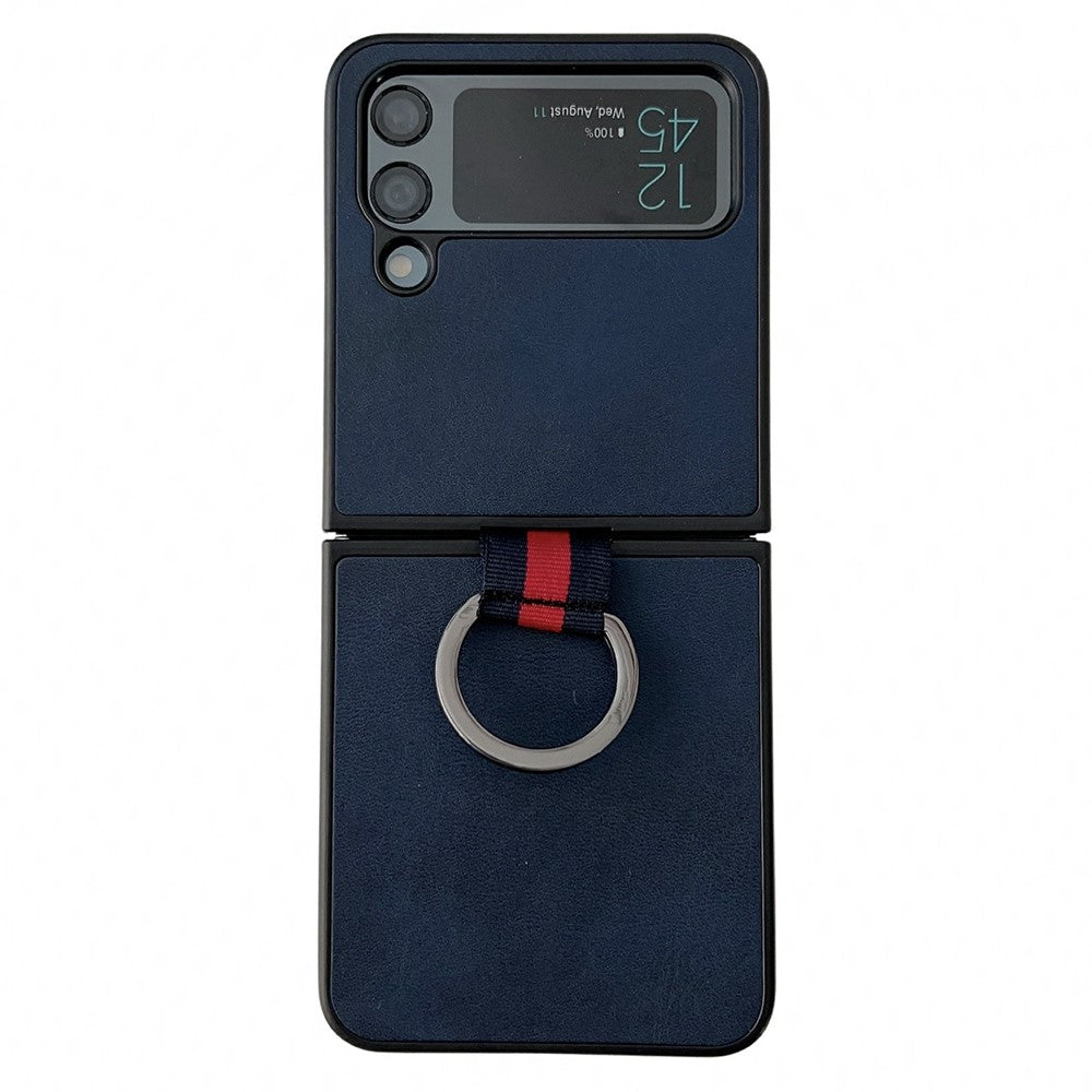 For Samsung Galaxy Z Flip4 5G Textured PU Leather Coated PC Back Cover Metal Ring Holder Folding Phone Case